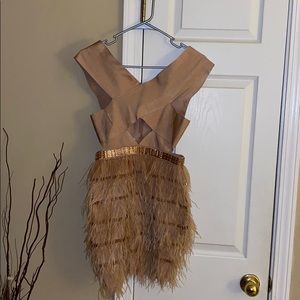 Nude bandage mini dress with feather skirt